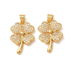 Clear Brass Micro Pave Cubic Zirconia Pendants, Clover Charms, Rack Plating, Long-Lasting Plated, Lead Free & Cadmium Free, Real 18K Gold Plated, Clear, 21x15x3mm, Hole: 4.5x3.5mm