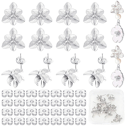 Silver 14Pcs Brass Stud Earring Findings, Flower, with Loop, Nickel Free, with 14Pcs Rack Plating Brass Friction Ear Nuts, Silver, 13.5x15mm, Hole: 1.4mm, Pin: 0.8mm
