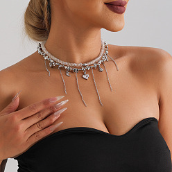 Платина Колье-чокер из сплава с прозрачными кубическими циркониями и стеклянными сердечками, звездами и луной, украшенное кисточками, 2-рядное., платина, 14.57 дюйм (37 см), 2 шт / комплект