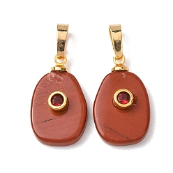 Красный Камень Природные красной яшмы подвески, Овальные подвески с латунной микрофиброй и отделкой из кубических цирконий, золотые, 20x12x5 мм, отверстие : 7x4 мм