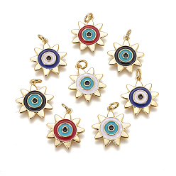 Mixed Color Brass Enamel Pendants, Sun with Evil Eye, Golden, Mixed Color, 19x17x2mm, Hole: 2mm