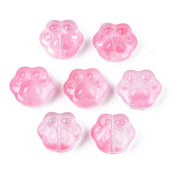 Pink Transparent Spray Painted Glass Beads, Bear Paw, Pink, 13.5x15x8.5mm, Hole: 1mm