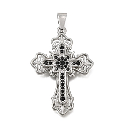Platinum Brass Micro Pave Black Cubic Zirconia Pendants, Cross Charms, Platinum, 38x26x2.5mm, Hole: 8x3.5mm