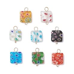 (52) Непрозрачная лаванда Подвески-коннекторы ручной работы миллефиори лэмпворк, квадратные звенья с 304 двойными петлями из нержавеющей стали, золотые, разноцветные, 18x11.5x4 мм, Отверстие : 1.6 мм & 3 мм