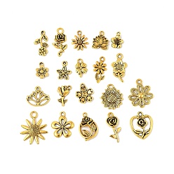 Античное Золото Сплавочные подвески тибетского стиля, подсолнечник, роза, комплект подвесок из серии «лотос и цветок», античное золото , 12~23x8~19x1~5 мм, отверстие : 1.1~3 мм