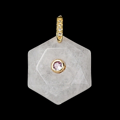 Хрусталь Ограненные подвески из натуральных кристаллов кварца, Шестиугольные подвески из горного хрусталя с латунными микропаве из прозрачных кубических цирконий в качестве застежек., золотые, 28.5x25.5x8 мм, отверстие : 6.5x4 мм