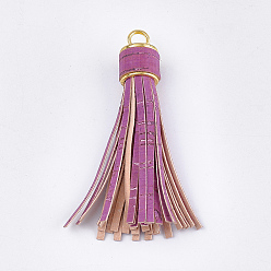 Medium Violet Red PU Leather Tassel Big Pendants Decorations, with Alloy Findings, Wood Grain, Golden, Medium Violet Red, 90~94x16~16.5mm, Hole: 6mm