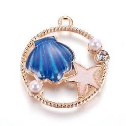 Blau Zink Legierung Anhänger & Charms, mit Emaille und Acrylperle, Ring mit Muschel & Sternfisch, Licht Gold, Blau, 28x25.5x5 mm, Bohrung: 1.8 mm