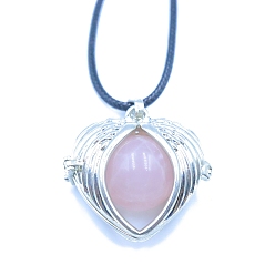 Rose Quartz Natural Rose Quartz Cage Pendant Necklaces, Heart Wing, 20.08~31.50 inch(51~80cm)