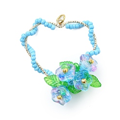 Светло-Голубой Подвески в форме сердца из стеклянных бусин, с цветком и настоящим 18k позолоченным кольцом для прыжка, Небесно-голубой, 35~37x31~35x15~18 мм, отверстие : 3.5 мм