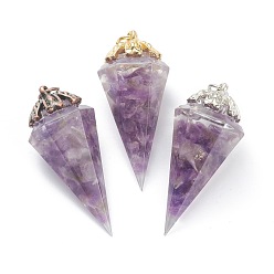 Amethyst Resin Pointed Pendants, with Natural Amethyst Inside and Brass Findings, Faceted, Cone/Spike/Pendulum, 43.5x17x19.5mm, Jump Ring: 6x1mm, 4mm Inner Diameter