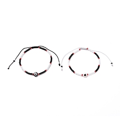 Mixed Color Adjustable Round Glass Seed Beaded Bracelets, with Resin Beads, Flat Round with Evil Eye, Mixed Color, Inner Diameter: 2-1/8 inch(5.5~9.5cm), 2Pcs/set