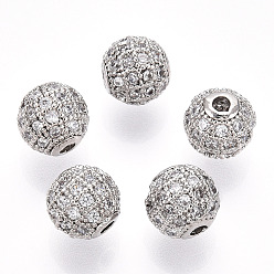 Platinum Rack Plating Brass Cubic Zirconia Beads, Long-Lasting Plated, Round, Platinum, 8x7mm, Hole: 2mm