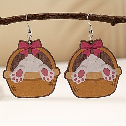 Другие Деревянные серьги-подвески с пасхальным мультяшным рисунком, платина, корзина, 70x49 мм