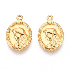 Настоящее золото 18K 304 подвески из нержавеющей стали, ионное покрытие (ip), овал с женским шармом, реальный 18 k позолоченный, 18x12x2.3 мм, отверстие : 1.2~1.4 мм
