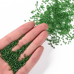 Green 12/0 Grade A Round Glass Seed Beads, Silver Lined, Green, 12/0, 2x1.5mm, Hole: 0.3mm, about 30000pcs/bag