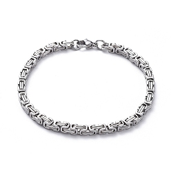 Stainless Steel Color Unisex 201 Stainless Steel Byzantine Chain Bracelets, with Lobster Claw Clasps, Stainless Steel Color, 8-1/4 inch(21cm), 4mm