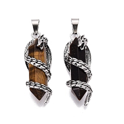 Tiger Eye Natural Tiger Eye Double Terminal Pointed Pendants, Alloy Dragon Wrapped Faceted Bullet Charms, Antique Silver, 38~40.5x13.5~14x12.5~13.5mm, Hole: 7.5x4mm