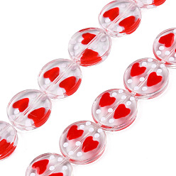 Red Transparent Acrylic Beads Strands, with Enamel, Flat Round with Heart, Red, 15x4mm, Hole: 1.2mm, about 35pcs/strand, 20.67 inch(52.5cm)