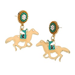 Светлый Морско-зеленый Серьги-гвоздики с эмалевым покрытием в виде лошади, со стеклянным бисером, золотые, светло-зеленый, 49x40 мм