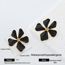 Black Flower 304 Stainless Steel Enamel Stud Earrings for Women, Golden, Black, 34x32mm