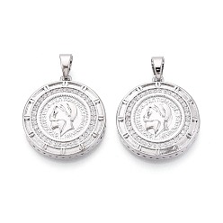 Платинированный Подвески из латуни с прозрачным фианитом, плоская круглая форма с подвесками в виде монеток, Реальная платина, 26x23.5x4 мм, отверстие : 6x4 мм