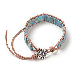 Deep Sky Blue Natural Regalite/Imperial Jasper/Sea Sediment Jasper Cord Beaded Bracelets, with Leather Cord and Alloy Clasps, Dyed, Flower, Antique Silver, Deep Sky Blue, 7-1/2 inch~8-1/8 inch(19~20.5cm), 1.5~2mm