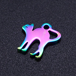 Rainbow Color Ion Plating(IP) 304 Stainless Steel Kitten Charms, Cat with Arched Back Shape, Rainbow Color, 12.5x12x1mm, Hole: 1.5mm
