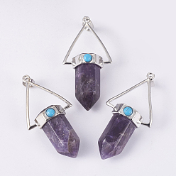 Аметист Природный аметист отметил кулоны, с латунной фурнитурой , пуля, платина, 53.5x27x17.5 мм, отверстие : 4.5x7.5 мм