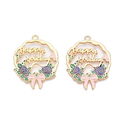 Средний Синий Шифер Стойки обшивки сплава эмали подвески, без кадмия, без никеля и без свинца, золотой свет, цветок-бантик со словами счастливых праздников, средний грифельно-синий, 34x26x2 мм, отверстие : 1.8 мм