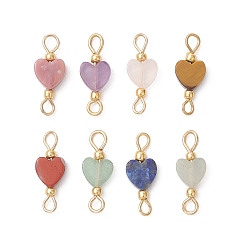 Смешанные камни Натуральные звенья в форме сердца из смешанных драгоценных камней, соединительные подвески, с золотыми стеклянными бусинами, золотые, 16~17x6x2~2.5 мм, Отверстие : 2x3 мм & 1.8 мм