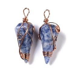 Blue Spot Jasper Natural Blue Spot Jasper Copper Wire Wrapped Big Pendants, Faceted Cone Charms, Rose Gold, 50~50.5x16.5x18~19mm, Hole: 8x3.5~4mm
