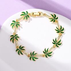 Дерево Браслеты из латуни с кубическим цирконием и эмалевыми звеньями на морскую тематику для женщин, золотые, зелёные, кокосовая пальма, 7-1/4 дюйм (18.5 см), ссылка: 19.5x12x1.5 mm