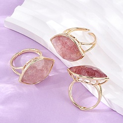 Клубничный Кварц Кольца-манжеты из натурального клубничного кварца с конским глазом, латунные регулируемые кольца для женщин, золотые, 28x19.5 мм, размер США 9 3/4 (19.5 мм)
