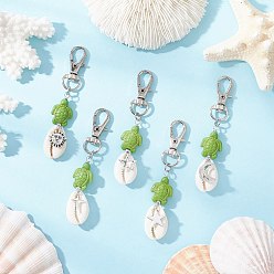 Желто-Зеленый 5шт 5 стили натуральные подвески из ракушек каури украшения, с синтетическими бусинами в виде черепахи цвета бирюзы, подвески из сплава и поворотные застежки-карабины, формы раковины, желто-зеленый, 80 мм, 1 шт / стиль