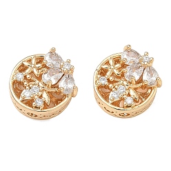 Real 18K Gold Plated Brass Micro Pave Clear Cubic Zirconia Beads, Flat Round & Flower, Real 18K Gold Plated, 12x6.5mm, Hole: 1.6mm