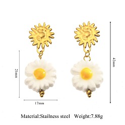 Golden 304 Stainless Steel & Handmade Porcelain Stud Dangle Earrings, Flower with Sun, Golden, 42x17mm
