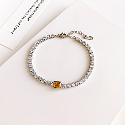 Оранжевый 304 браслеты-цепочки из нержавеющей стали с микро-паве из кубического циркония для женщин, прямоугольные, оранжевые, 6-1/2 дюйм (16.5 см)