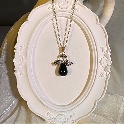 Обсидиан Европейский натуральный обсидиан с подвеской в виде ангела из сплава и крыльями, кулоны для женщин., платина, 19.69 дюйм (50 см)