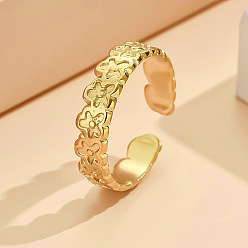 Golden 304 Stainless Steel Cuff Open Rings for Women, Flower, Golden, 17mm