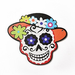 Skull Большие подвески из дерева с односторонним принтом, хэллоуин прелести, череп, 130x150x4 мм, отверстие : 4 мм