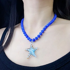 Синий Пляжная звезда стеклянная подвеска кошачий глаз круглые бусины ожерелья для женщин, синие, 15.75 дюйм (40 см)