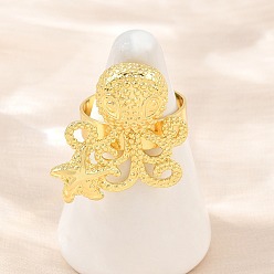 Octopus Ocean Brass Cuff Open Rings, Lead Free & Cadmium Free, Long-Lasting Plated, Rack Plating, Real 18K Gold Plated, Octopus, US Size 7 1/4(17.5mm), surface: 25x25mm