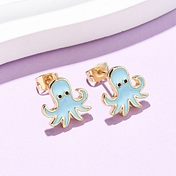 Squid Серьги-гвоздики из латуни, Тема океана, реальный 18 k позолоченный, кальмар, 12.5x12.5 мм