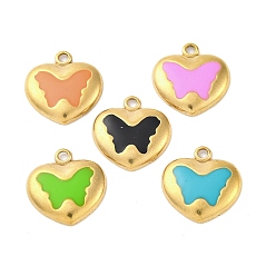 (52) Непрозрачная лаванда 304 нержавеющей стальной эмали подвески, ионное покрытие (ip), реальный 18 k позолоченный, сердце с подвеской в виде бабочки, разноцветные, 15.5x15.5x3 мм, отверстие : 1.6 мм