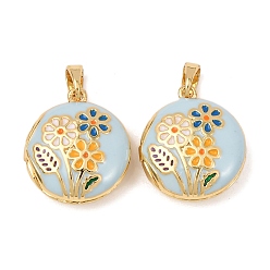 Разноцветный Латунь эмаль Locket подвески, плоские круглые подвески с цветочным узором, золотые, красочный, 18x15.5x7 мм, отверстие : 5x3 мм