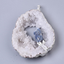 Kyanite Natural Druzy Agate Big Pendants, Edge Platinum Plated, with Natural Kyanite/Cyanite/Disthene and Iron Snap on Bails, Nuggets, 37~71x29~55x9~15mm, Hole: 4x6mm