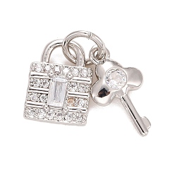 Platinum Cubic Zirconia Pendants, with Rack Plating Real 18K Gold Plated Brass Findings, with Jump Rings, Long-Lasting Plated, Lead Free & Cadmium Free, Lock & Key, Platinum, 15.5mm, Jump Ring: 4.6x0.8mm, 3mm Inner Diameter, Lock: 10x7.5x2.5mm, Key: 12.5x7x2mm