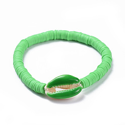 Светло-зеленый Стрейч браслеты, с бисером хэйси из полимерной глины и бусинками из ракушек, светло-зеленый, 2 дюйм (5.2 см)