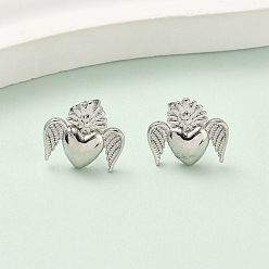 Платина Серьги-гвоздики из латуни в форме сердца с крыльями, стойки покрытие, долговечный, без кадмия и без свинца, платина, 12x13.5 мм